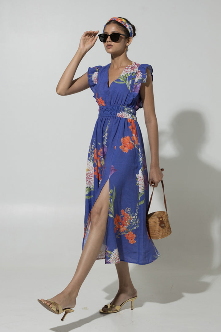 Blue Iris Ruffle Linen Dress