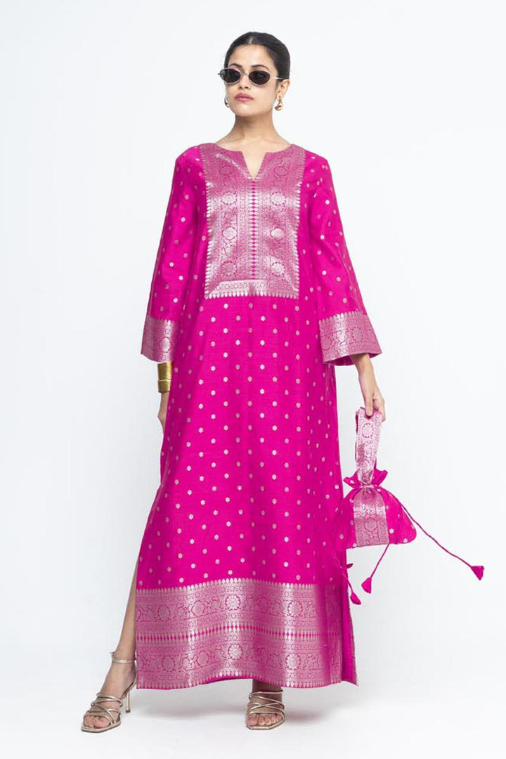 Nats Statement Silk Kaftan With Brocade Detail - Pink