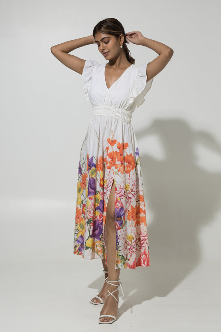White Ruffle Linen Dress