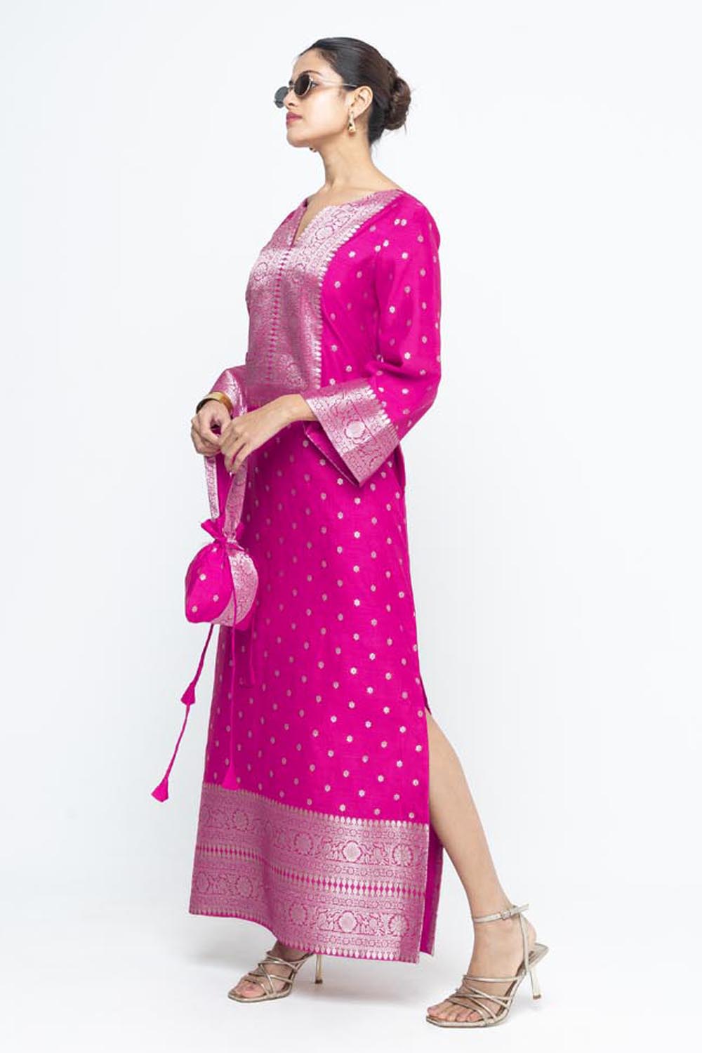 Nats Statement Silk Kaftan With Brocade Detail - Pink