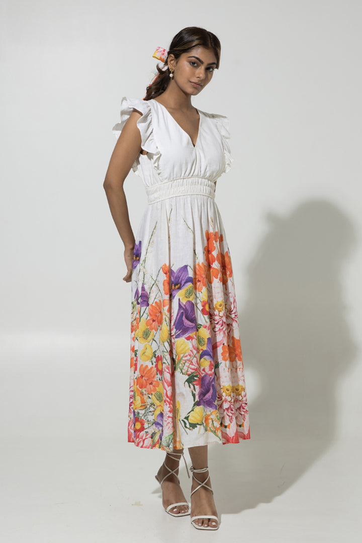 White Ruffle Linen Dress