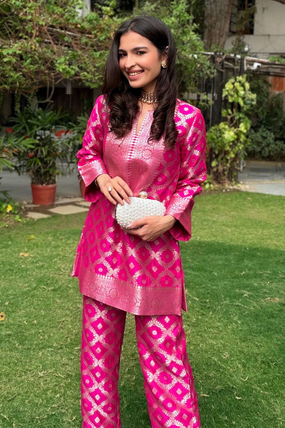 Saachi Daga In Our Heera Brocade Jaal Kurta With Pants - Pink