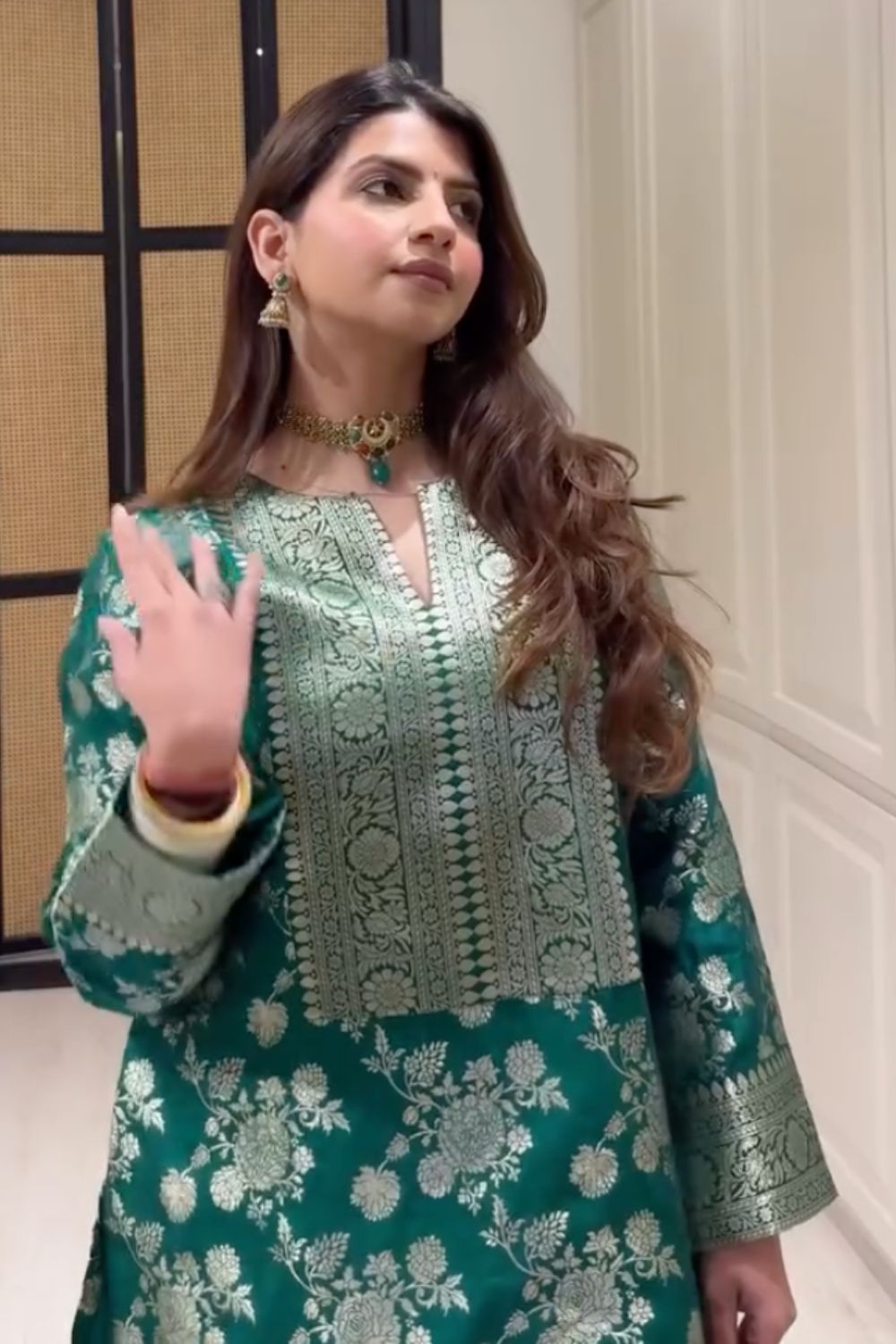 Dhriti Mehra In Our Gul Floral Brocade Kurta with Farshi Salwar - Green