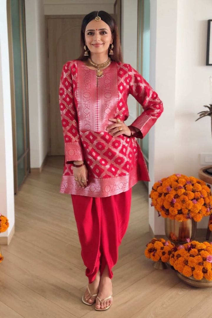 Roshni Chopra In Our Heer Red Brocade Jaal Kurta With Dhoti Set