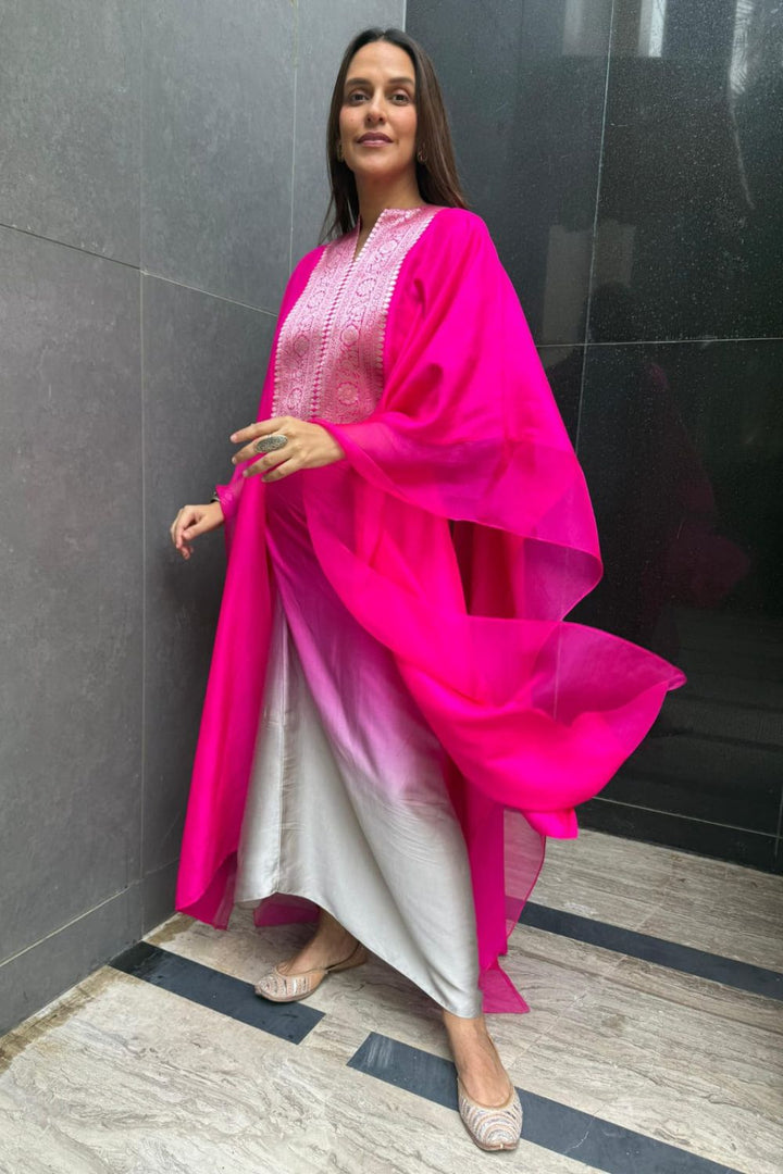 Neha Dhupia In Our Onaya Statement Silk Cape and Ombre Skirt Set - Pink
