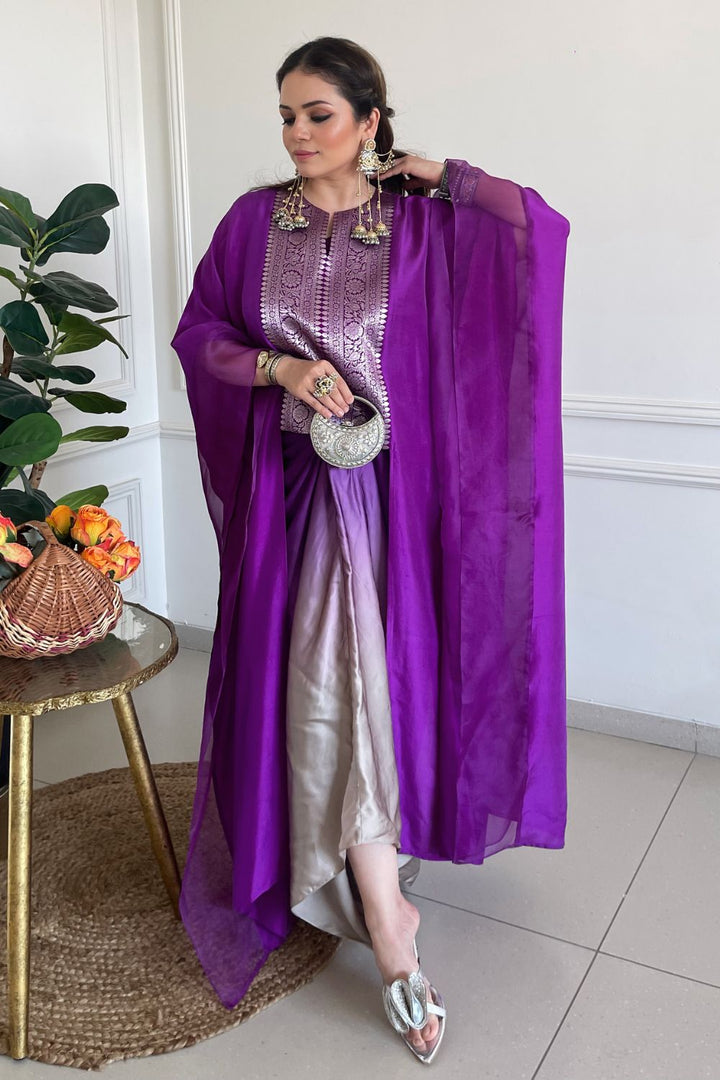 Hina Somani In Our Onaya Statement Silk Cape and Ombre Skirt Set - Purple