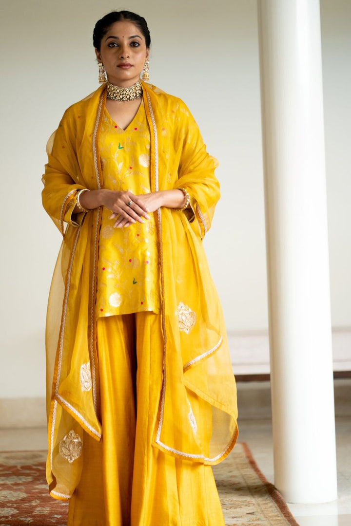 Yellow Floral Jaal Short Kurta Set