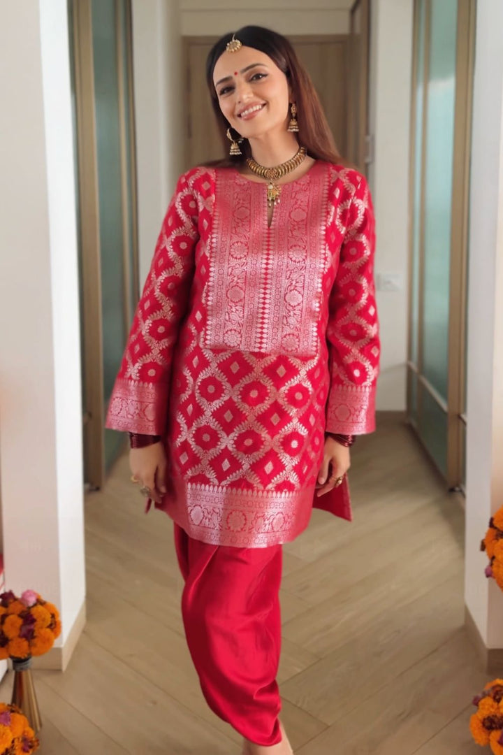 Roshni Chopra In Our Heer Red Brocade Jaal Kurta With Dhoti Set