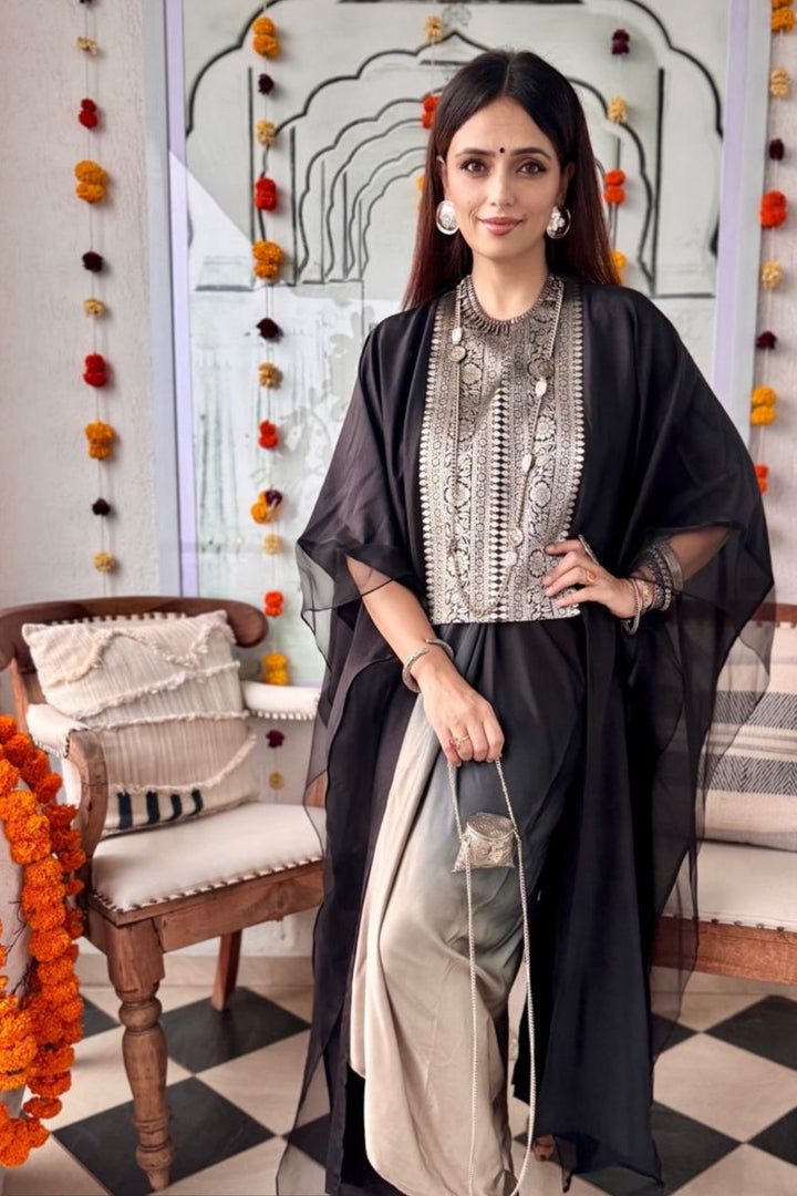 Roshni Chopra In Our Onaya Silk Cape and  Ombre Skirt Set - Black