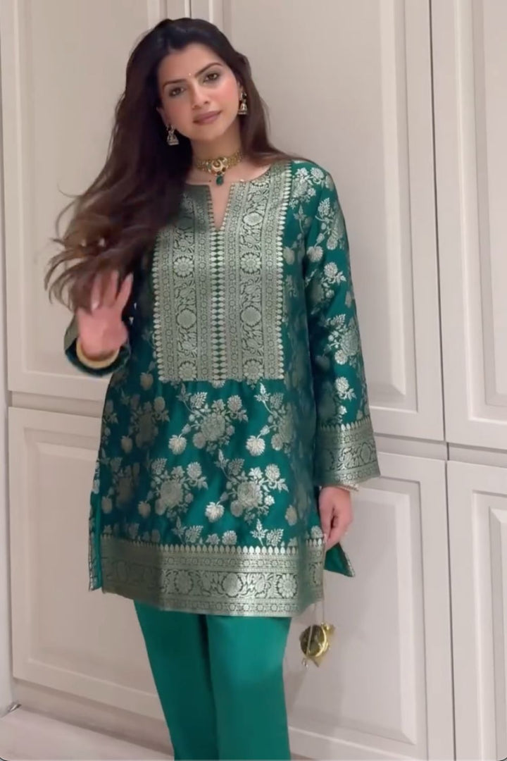 Dhriti Mehra In Our Gul Floral Brocade Kurta with Farshi Salwar - Green