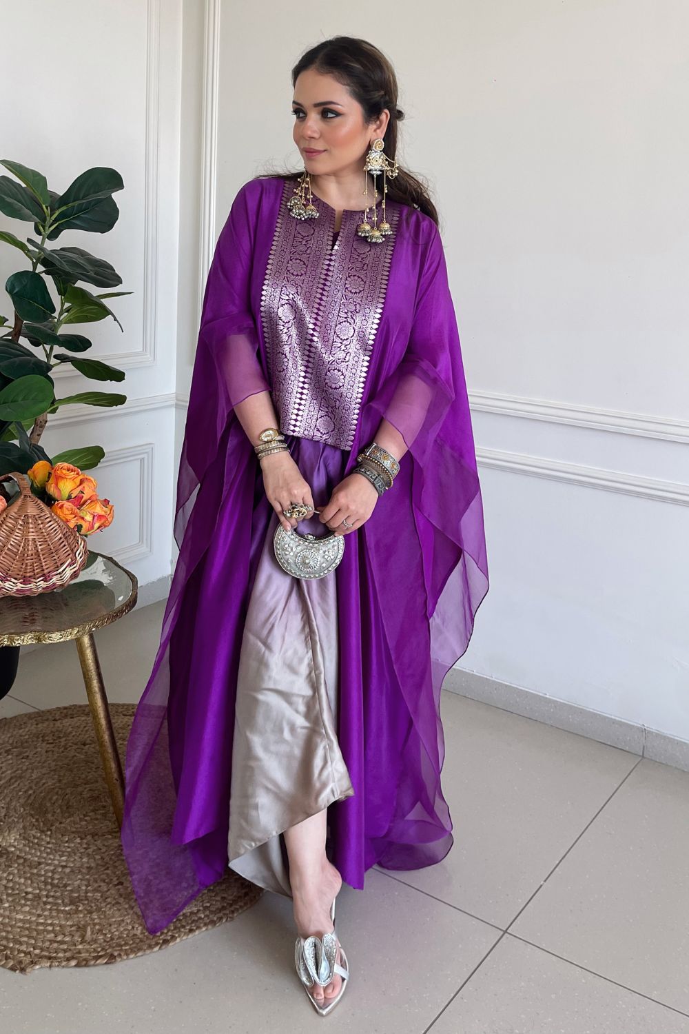 Hina Somani In Our Onaya Statement Silk Cape and Ombre Skirt Set - Purple