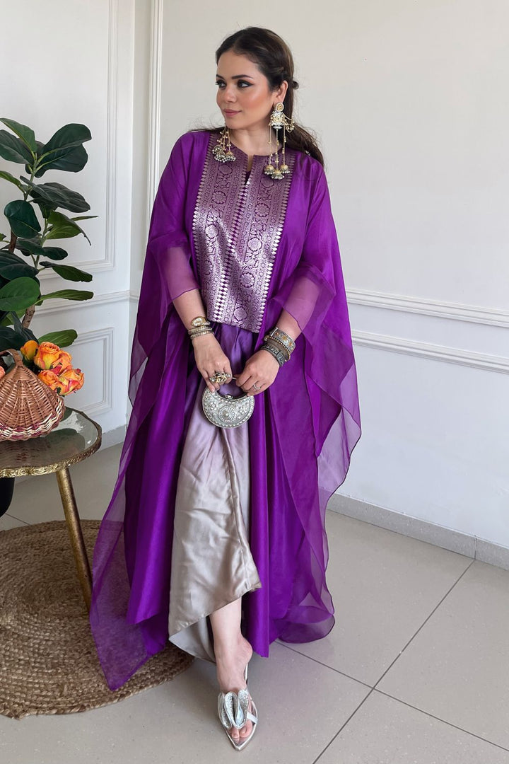 Hina Somani In Our Onaya Statement Silk Cape and Ombre Skirt Set - Purple