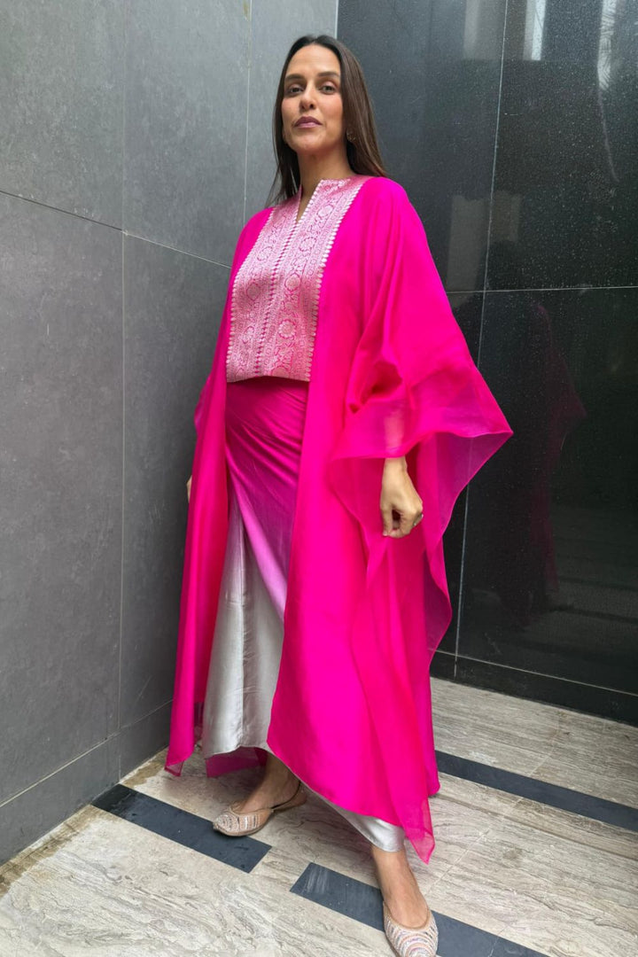 Neha Dhupia In Our Onaya Statement Silk Cape and Ombre Skirt Set - Pink