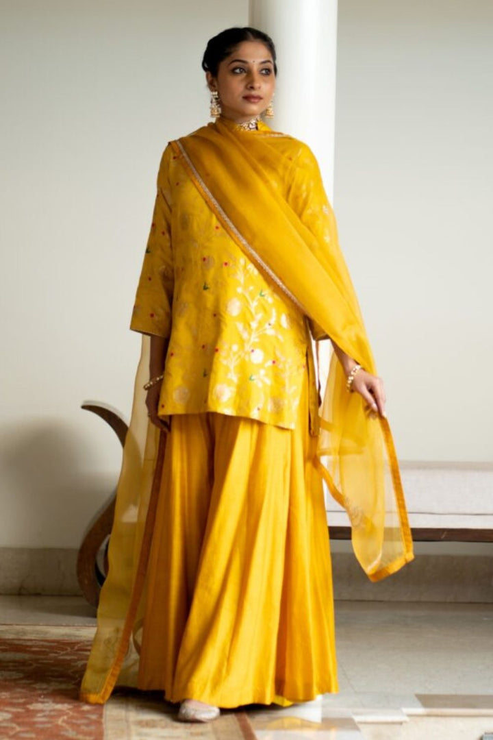 Yellow Floral Jaal Short Kurta Set