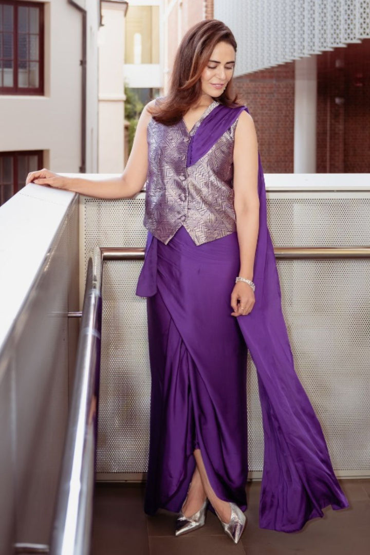 Mona Singh In Our Kiara Statement Waistcoat Saree - Purple
