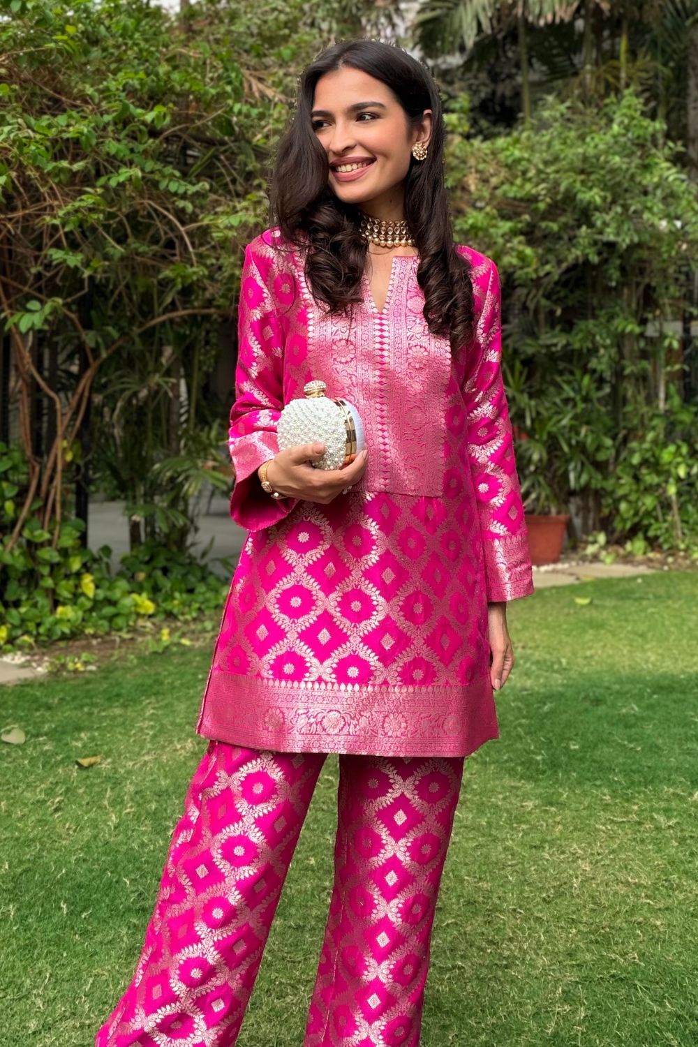 Saachi Daga In Our Heera Brocade Jaal Kurta With Pants - Pink