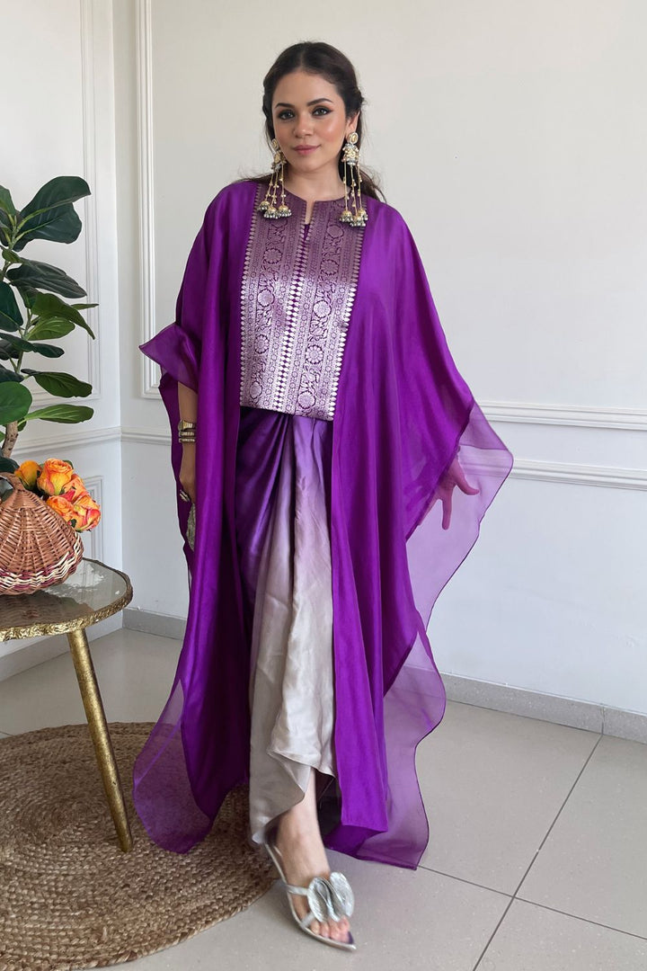 Hina Somani In Our Onaya Statement Silk Cape and Ombre Skirt Set - Purple
