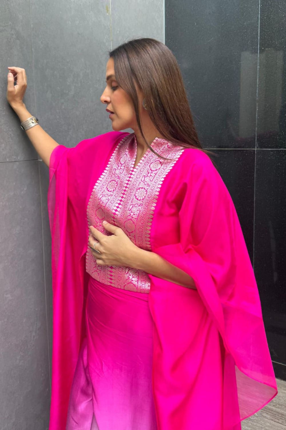 Neha Dhupia In Our Onaya Statement Silk Cape and Ombre Skirt Set - Pink