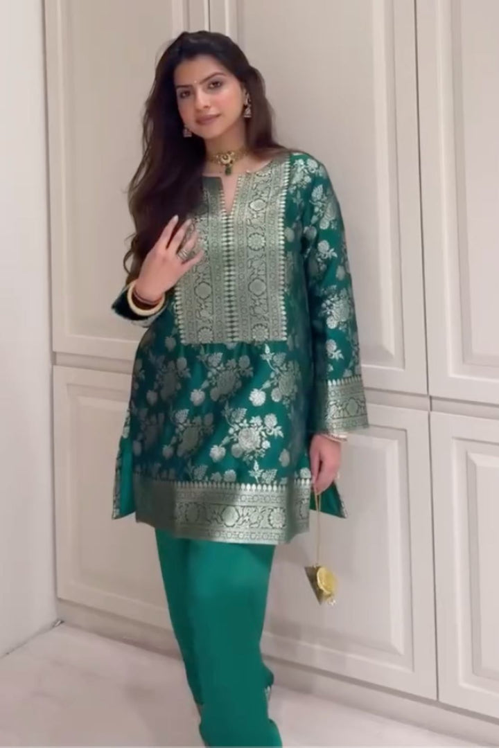 Dhriti Mehra In Our Gul Floral Brocade Kurta with Farshi Salwar - Green