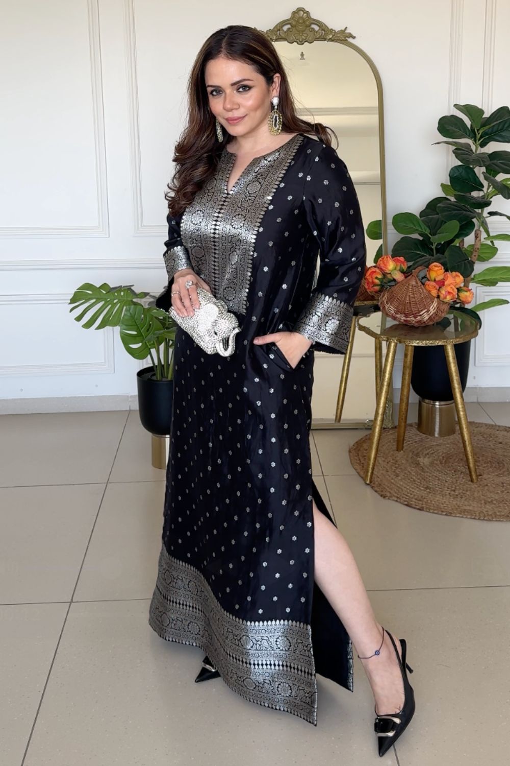 Heena Somani In Our Nats Statement Silk Kaftan With Brocade Detail - Black