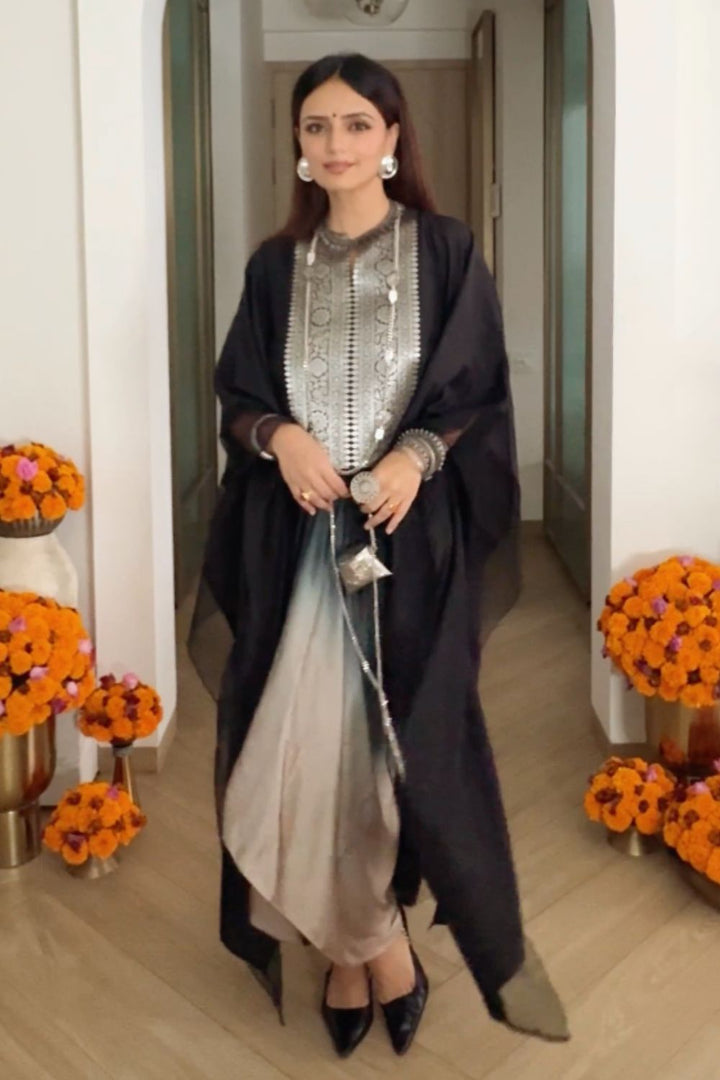 Roshni Chopra In Our Onaya Silk Cape and  Ombre Skirt Set - Black