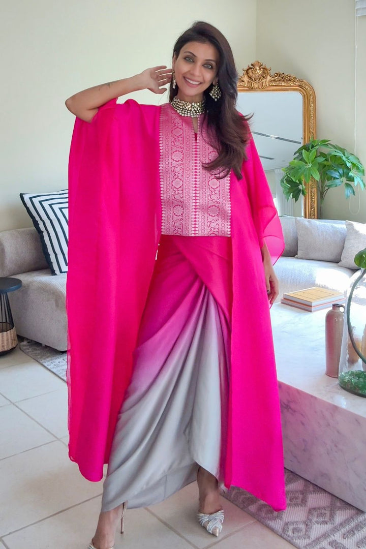 Nriti Shah In Our Onaya Statement Silk Cape and Ombre Skirt Set - Pink