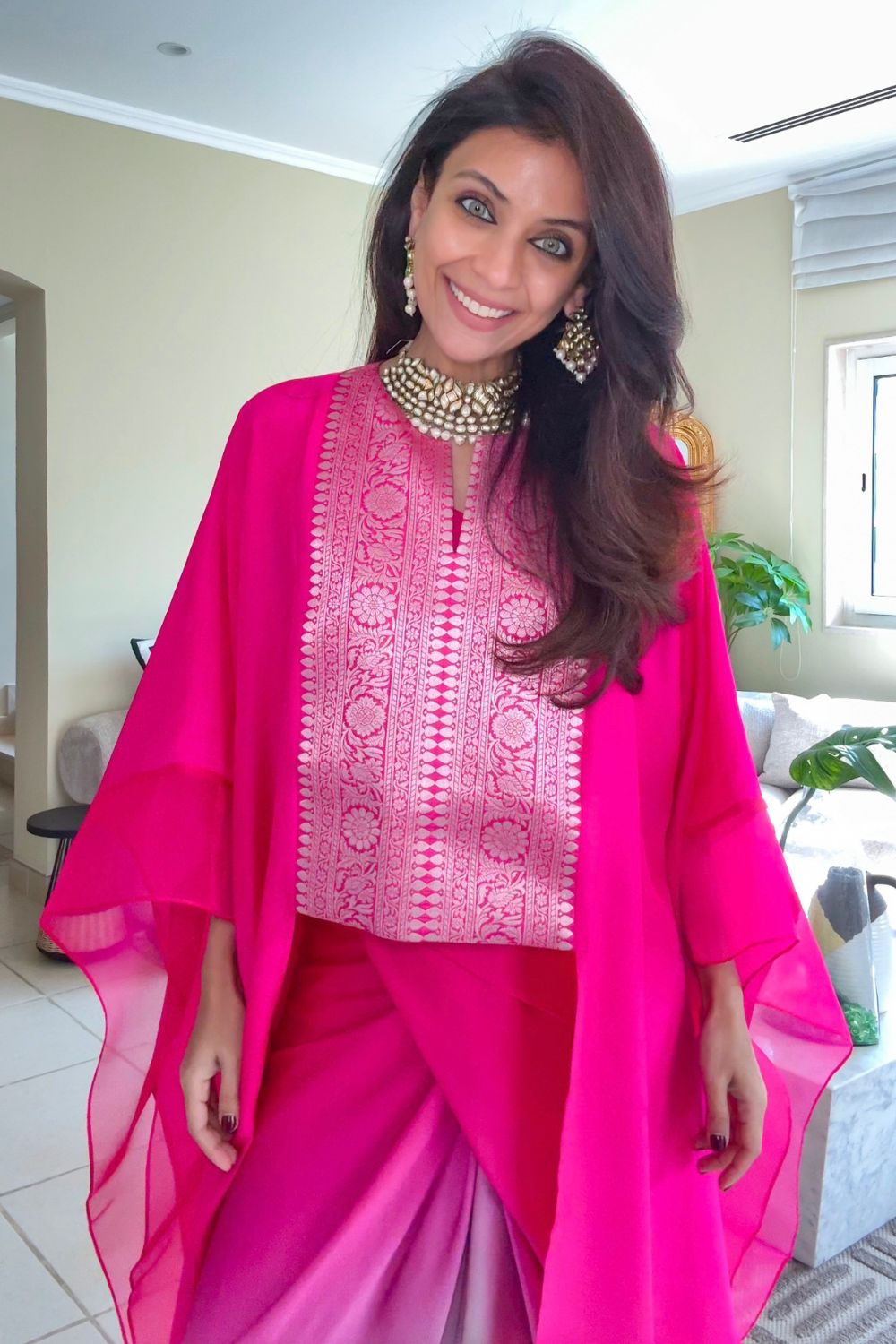 Nriti Shah In Our Onaya Statement Silk Cape and Ombre Skirt Set - Pink