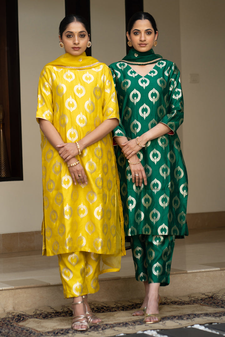 Lime Yellow Brocade Kurta Set