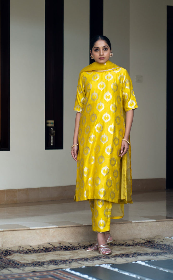 Lime Yellow Brocade Kurta Set