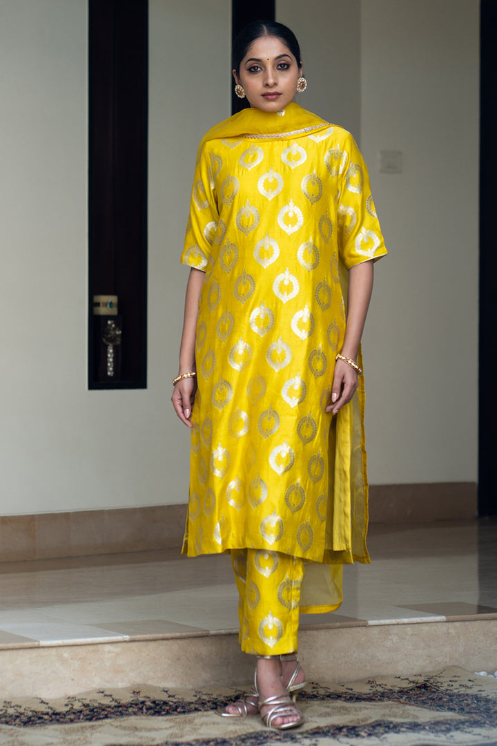 Lime Yellow Brocade Kurta Set