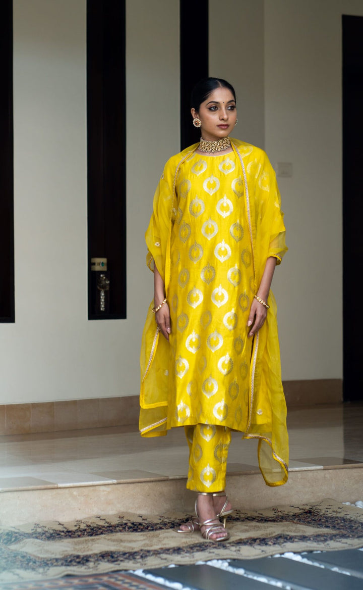 Lime Yellow Brocade Kurta Set