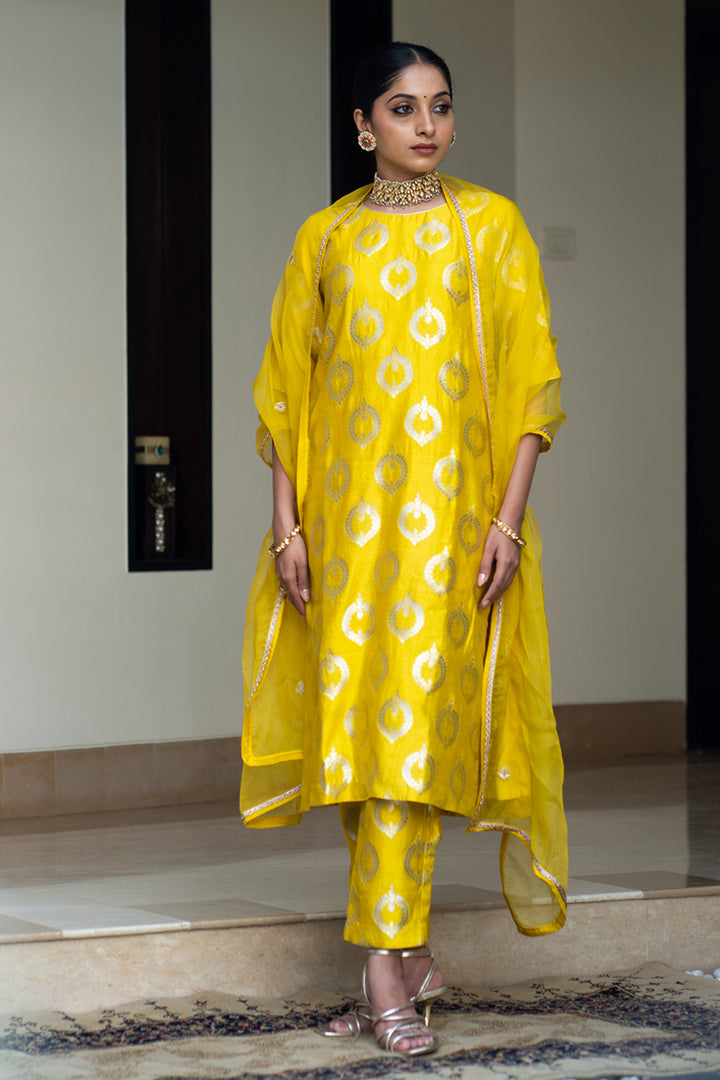 Lime Yellow Brocade Kurta Set