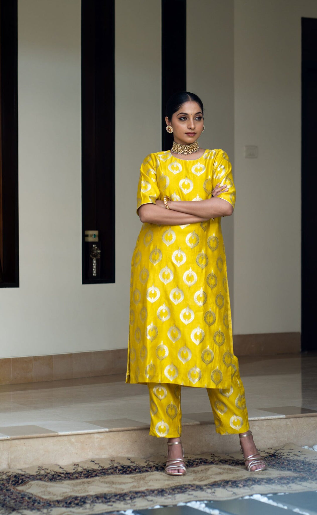 Lime Yellow Brocade Kurta Set