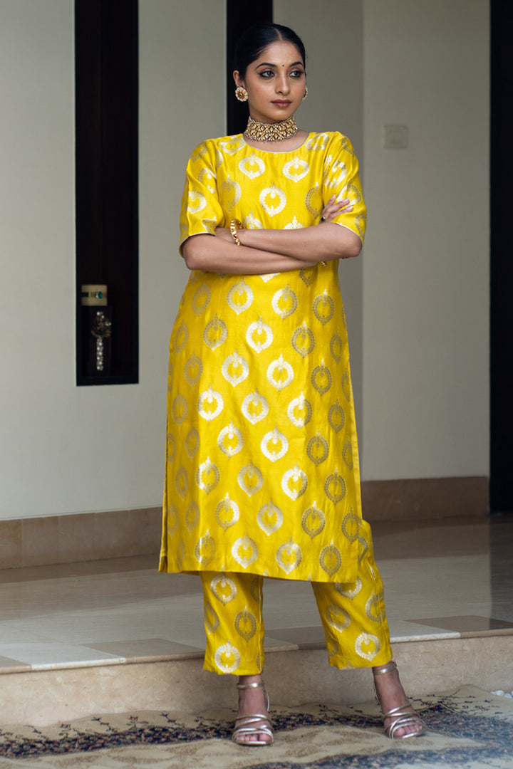 Lime Yellow Brocade Kurta Set