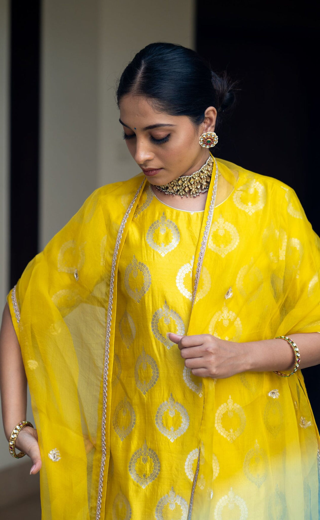 Lime Yellow Brocade Kurta Set