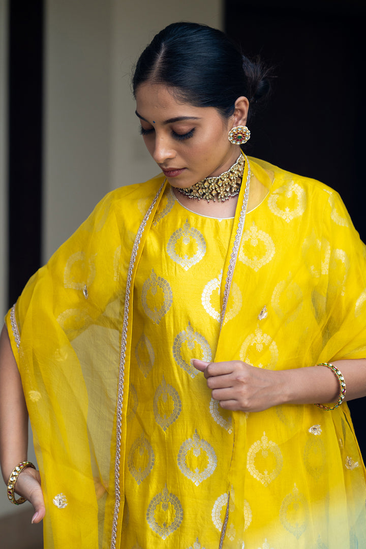 Lime Yellow Brocade Kurta Set