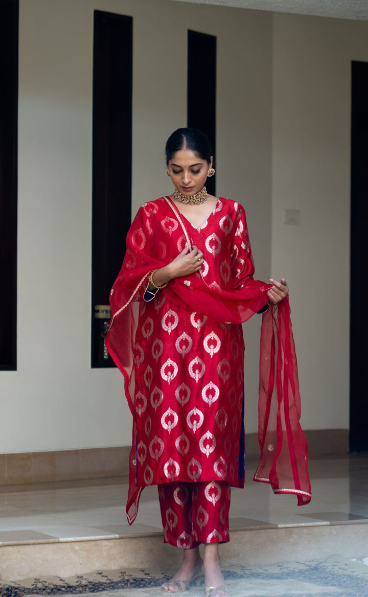 Red Brocade Kurta Set