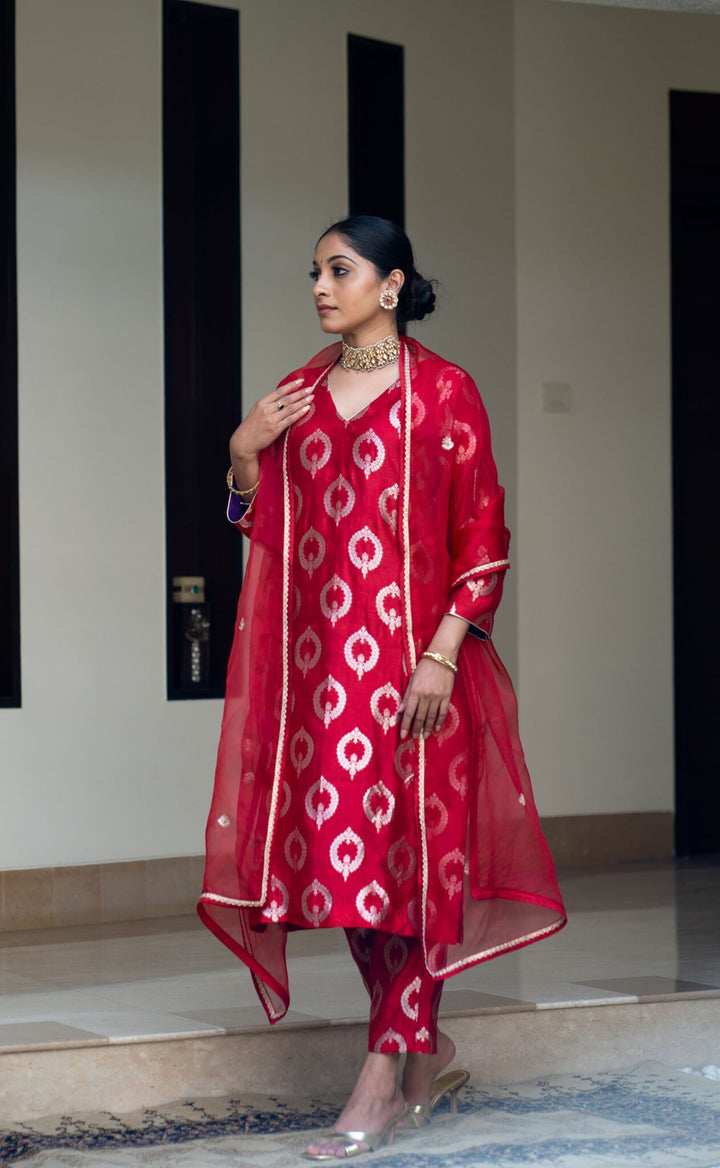 Red Brocade Kurta Set