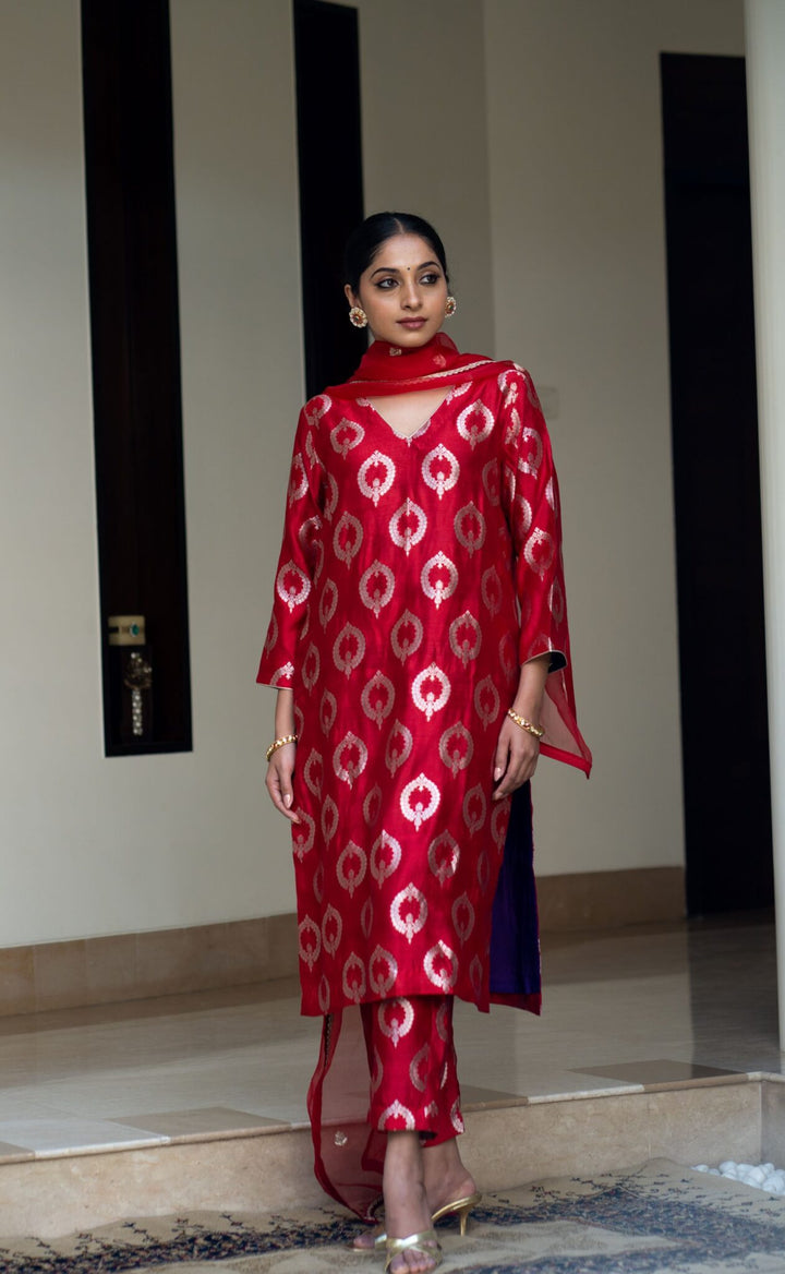 Red Brocade Kurta Set