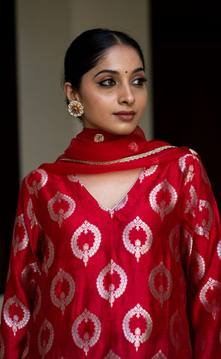 Red Brocade Kurta Set