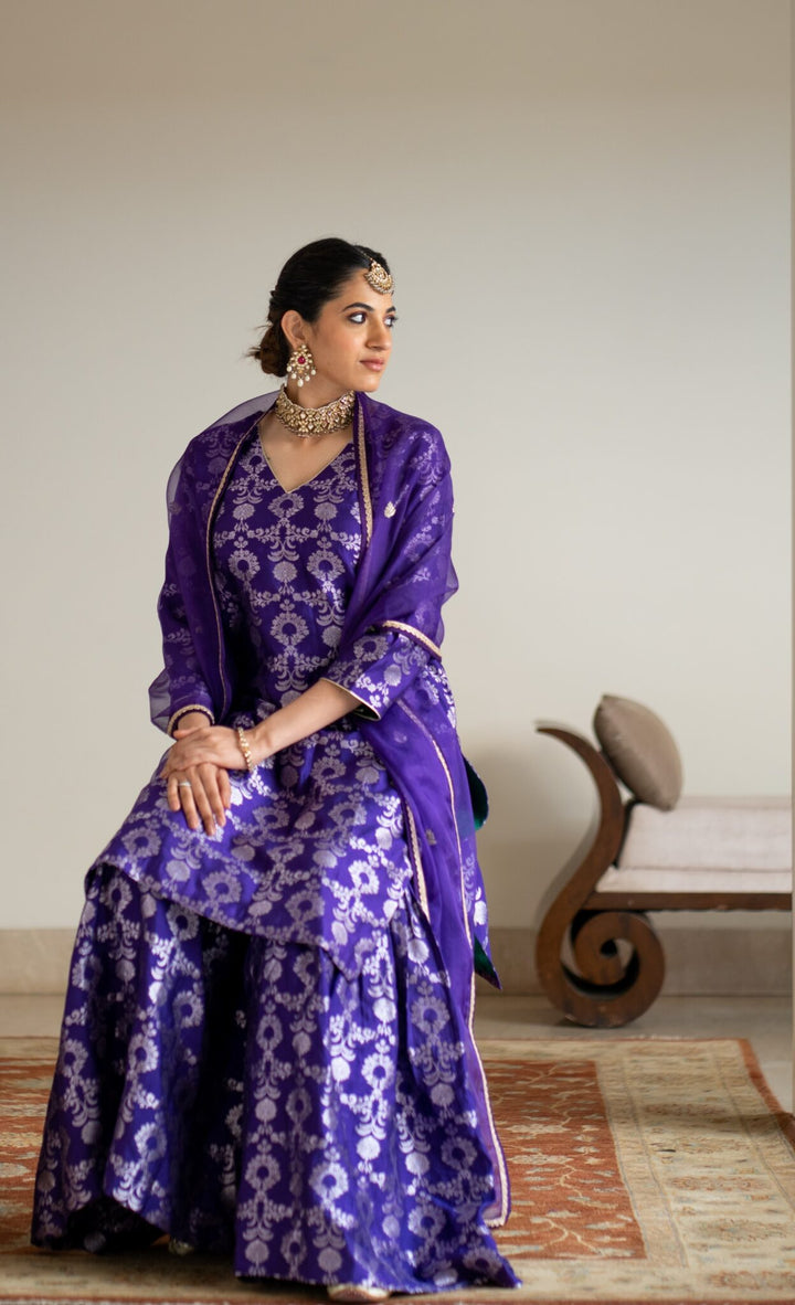 Purple Brocade Jaal Kurta Sharara Set