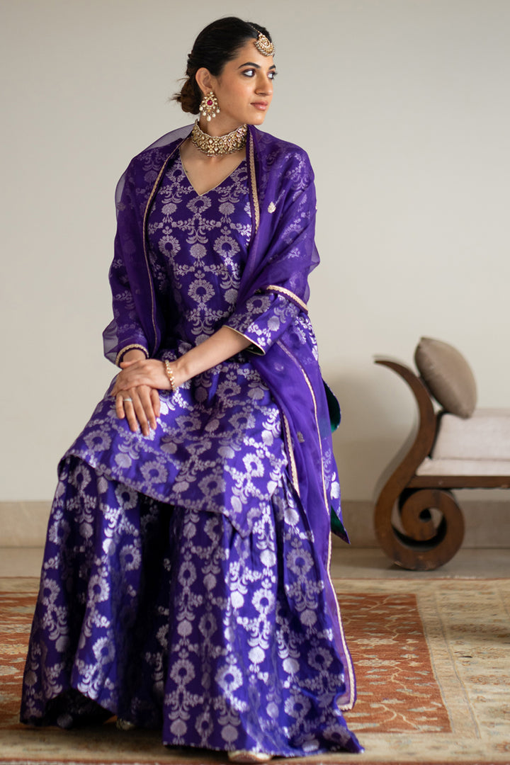 Purple Brocade Jaal Kurta Sharara Set
