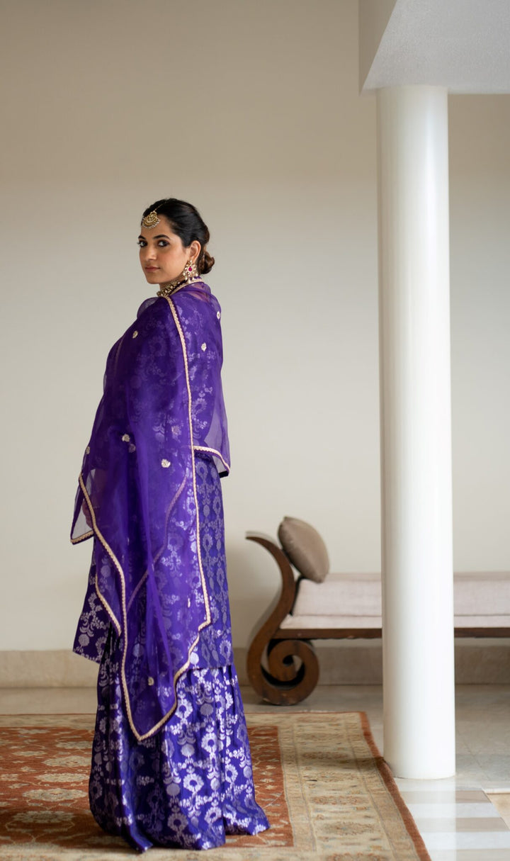 Purple Brocade Jaal Kurta Sharara Set