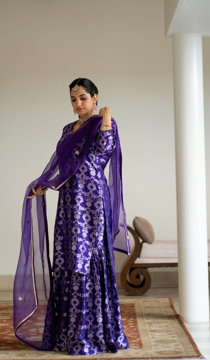 Purple Brocade Jaal Kurta Sharara Set
