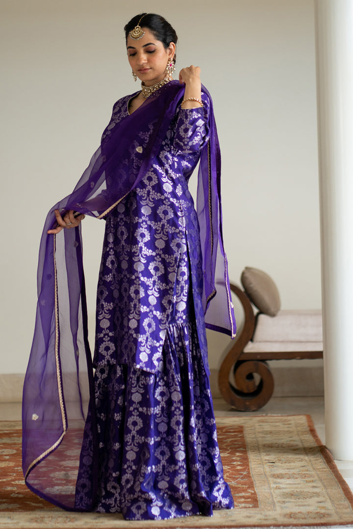 Purple Brocade Jaal Kurta Sharara Set