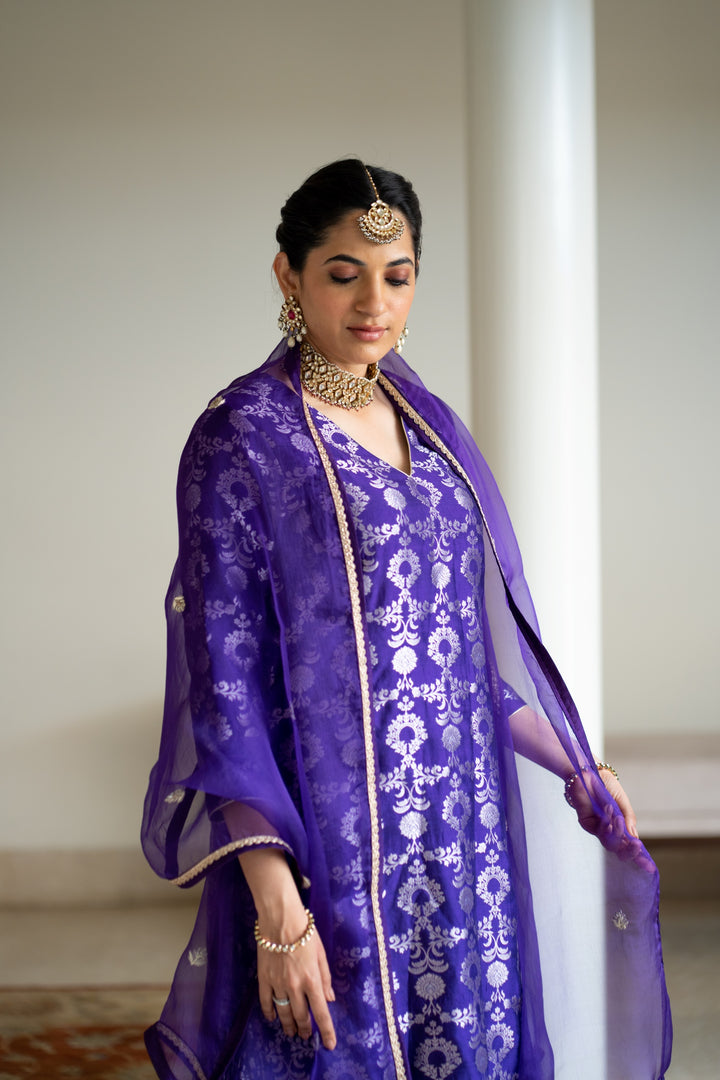 Purple Brocade Jaal Kurta Sharara Set
