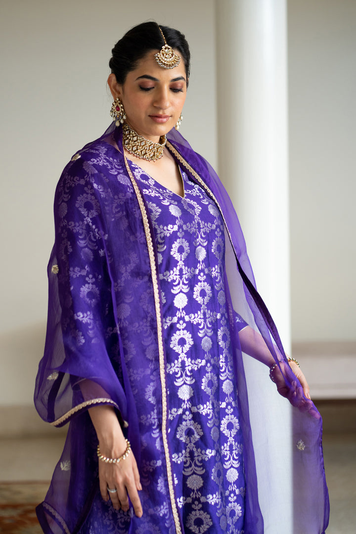 Purple Brocade Jaal Kurta Sharara Set