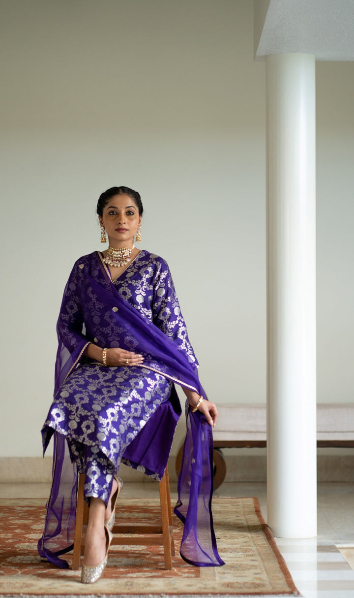 Purple Brocade Jaal Kurta Set