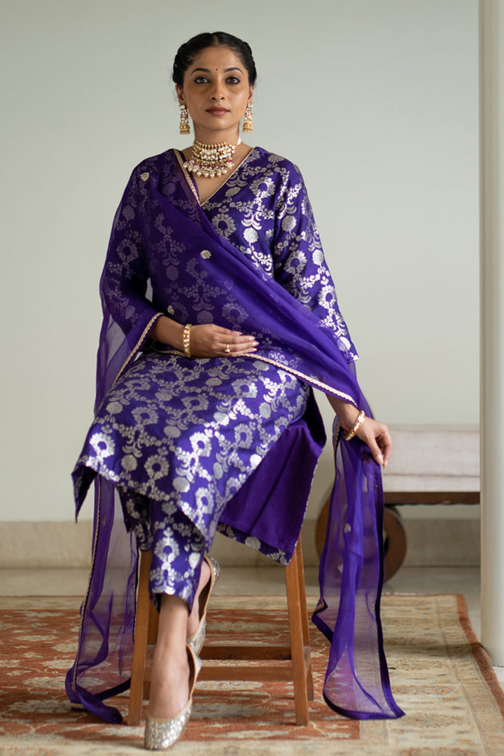 Purple Brocade Jaal Kurta Set