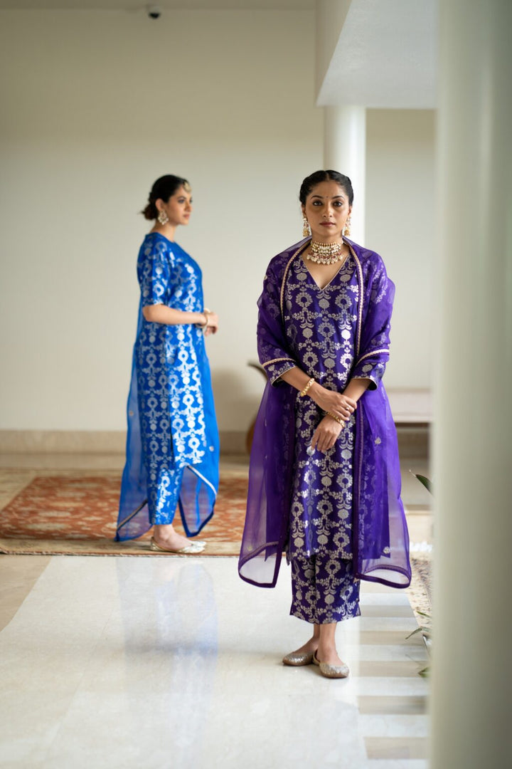 Purple Brocade Jaal Kurta Set